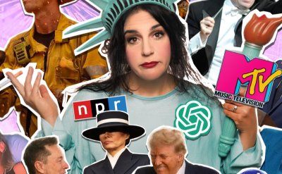 A collage featuring a woman in a Statue of Liberty crown shrugging, surrounded by pop culture and political figures, news logos, and symbols including the NPR, MTV, OpenAI logos, and a burning flame icon against a bright background.