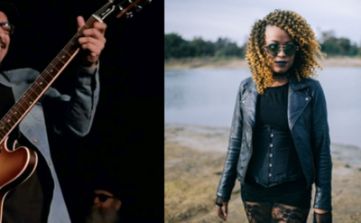 A split image: on the left, a man wearing glasses and a hat plays an electric guitar on stage; on the right, a woman with curly hair in a leather jacket and sunglasses stands outdoors near water.