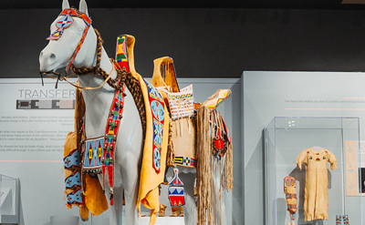 A white horse mannequin is dressed in traditional Native American regalia decorated with colorful beadwork and fringe, displayed in a museum with other artifacts, including a beaded dress in a glass case.