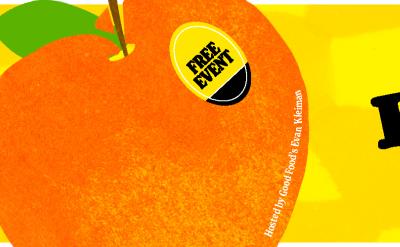 Bright orange peach with a "FREE EVENT" sticker on the left; bold text on a yellow background reads "KCRW PieFest & Contest." Audrey Museum is listed as the location.