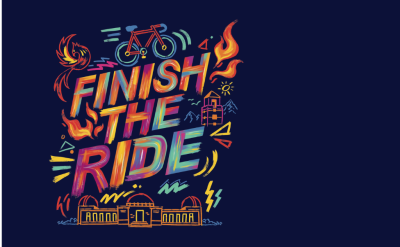 Colorful illustration on a dark background with the words "Finish the Ride" surrounded by vibrant images of a bicycle, lightning, flames, cityscape, and a building, symbolizing energy and determination.