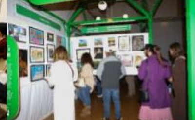 A collage of three scenes: people painting at tables, visitors viewing art on walls, and children doing art activities with adults in a gallery space.