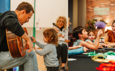 A collage showing: a man playing guitar for a child, children and adults crafting together at a table, and a group of children raising their hands enthusiastically towards an adult outdoors.