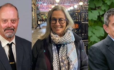 Three adults are pictured in separate portraits: a man in a suit and tie against a gray background, a woman with glasses and a scarf outdoors under lights, and a man in a suit smiling in front of leafy greenery.