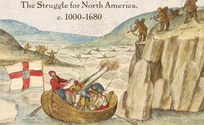 Book cover of "Contested Continent" by Peter C. Mancall, featuring an illustration of European explorers in boats encountering Native Americans on a rocky shore, with historic and map-like background elements.