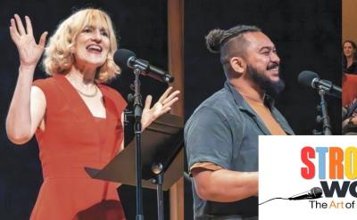 Two people stand at microphones sharing stories on stage, smiling and animated. In front of them, an attentive audience listens and laughs. The center features a "Strong Words: The Art of Storytelling" event logo.