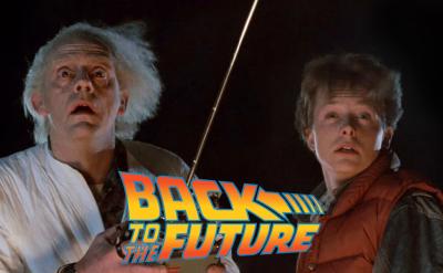 Two shocked men stand together at night, one holding a metal rod. The "Back to the Future" logo appears at the bottom of the image.