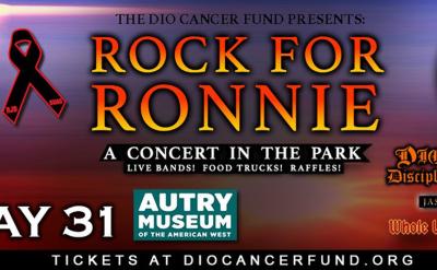 Concert flyer for "Rock for Ronnie" featuring Lita Ford, hosted by Eddie Trunk. Event is on Sunday, May 31, 11am–6pm at Autry Museum, with live bands, food trucks, and raffles. Ticket info at diocancerfund.org.