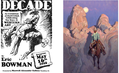 On the left, a black-and-white poster for an art exhibition shows a cowboy riding a bucking horse. On the right, a painting depicts a cowboy on horseback riding through rocky terrain under a full moon.