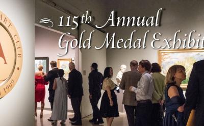 People view artwork in a gallery at the 115th Annual Gold Medal Exhibition; a large California Art Club sign is displayed on the left wall.