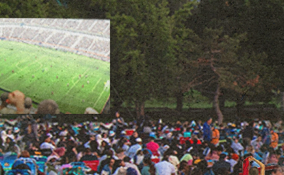 A large crowd sits outdoors on lawn chairs facing a park, while an inset shows a stadium full of spectators watching a soccer match on a green field.