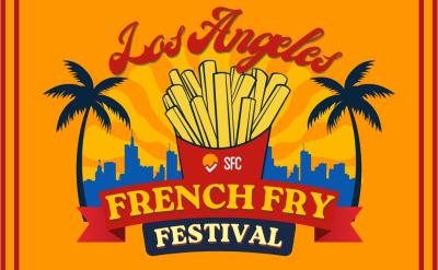 Illustration for the Los Angeles French Fry Festival featuring a box of fries, palm trees, a city skyline, and a sunset on an orange background with red borders.