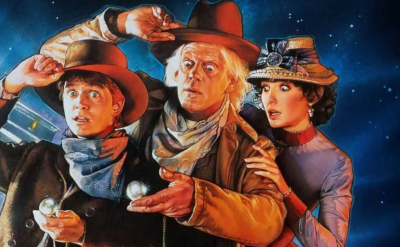 Three people in old-fashioned western clothing stand in front of a futuristic car with gull-wing doors, looking surprised and shielding their eyes, with a starry sky in the background.