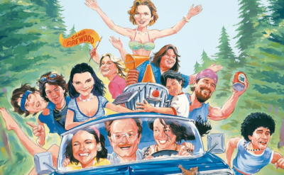 A group of cheerful people drive a blue convertible through a forest, with some standing and waving. The scene is cartoonish and lively, evoking summer camp adventures.