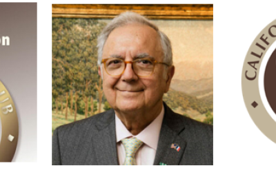 Three images: a California Art Club gold medal graphic, an older man in a suit and glasses smiling, and the California Art Club brown and cream circular logo with “est. 1909.”.