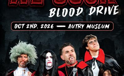 Five people in vampire and gothic costumes pose dramatically for a “WE SUCK BLOOD DRIVE” event, happening October 2, 2026, at Autry Museum. The poster features bold red and white text and logos for Kroq and the Klein Ally Show.