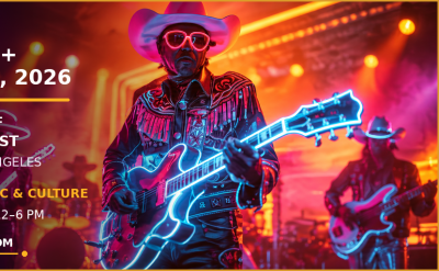 Colorful promotional banner for Soul Country Music & Culture Festival 2026, featuring a guitarist in a bright outfit. Event is at Autry Museum, LA, October 31–November 1. Info includes dates, times, and website.