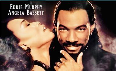 Movie poster for “Vampire in Brooklyn” showing Eddie Murphy and Angela Bassett, with a city skyline, full moon, and the tagline “A comic tale of horror and seduction.”.