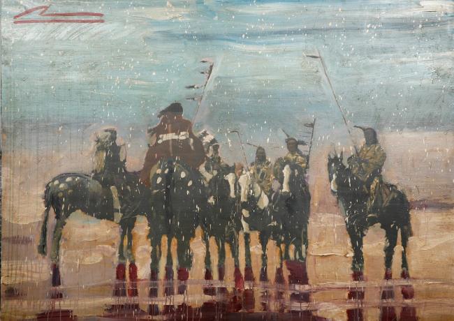 A painting of Native Americans on horses seen from the back