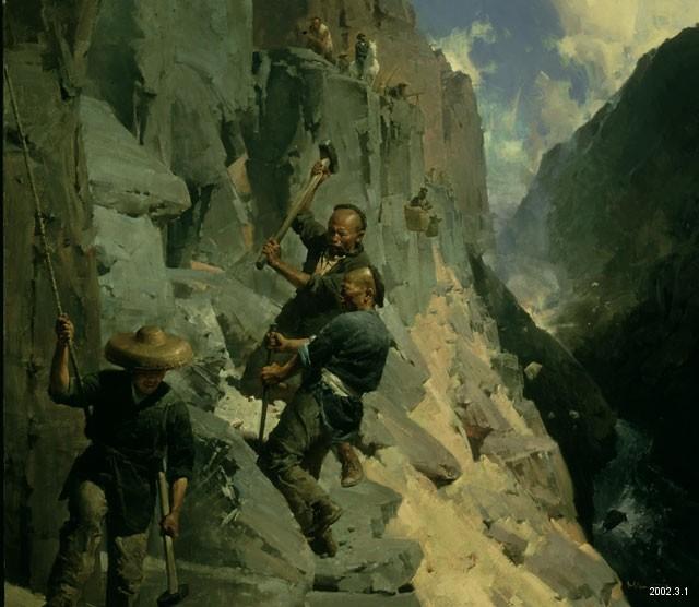 a painting of men picking at a mountain
