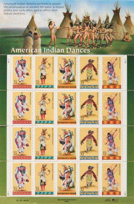 stamp sheet titled American Indian Dances