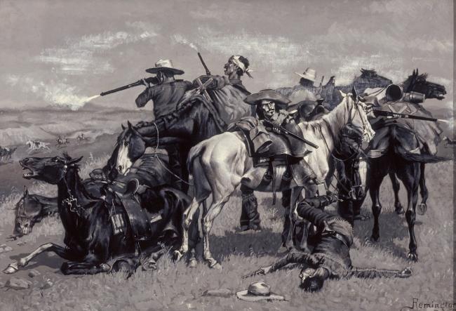 painting of an altercation between cowboys with rifles and horses