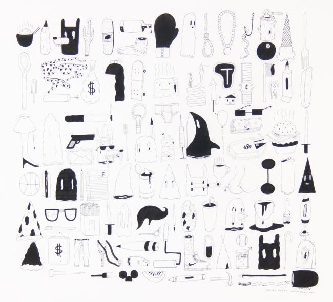 an ink drawing of an artist-invented language of contemporary pictograms, including skateboard and teepee imagery