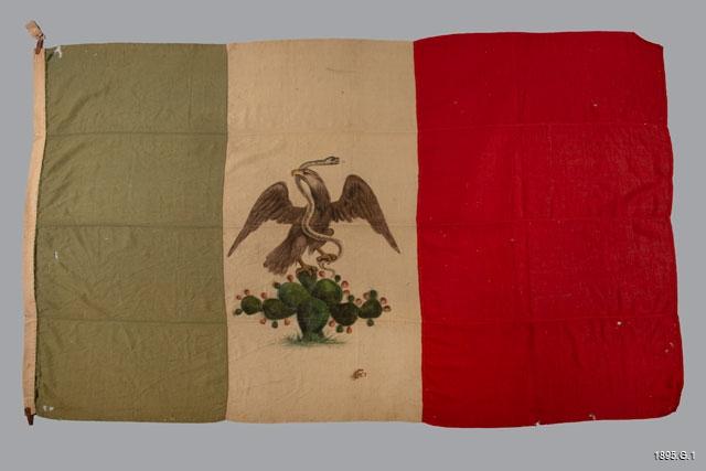 Mexican flag flown in Los Angeles as part of independence celebrations, 1823-1864; 1895.G.11
