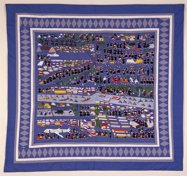 See Lee, Hmong story quilt documenting her flight from Laos and arrival in Long Beach in 1979; 91.42.1