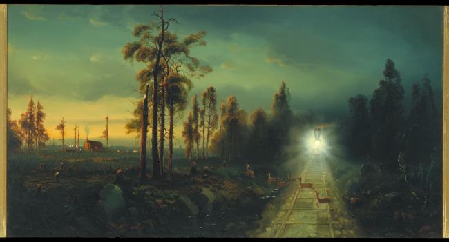 A painting depicts a steam locomotive emerging from a dark forest on a railroad track. In the foreground, several deer are seen near the tracks. On the left, the sky glows with the warm tones of a setting or rising sun, highlighting a cabin in the distance.