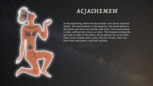 Illustration of an Acjachemen figure kneeling with arms raised. The figure has traditional body markings. Behind is text detailing a creation story, set against a starry night sky.