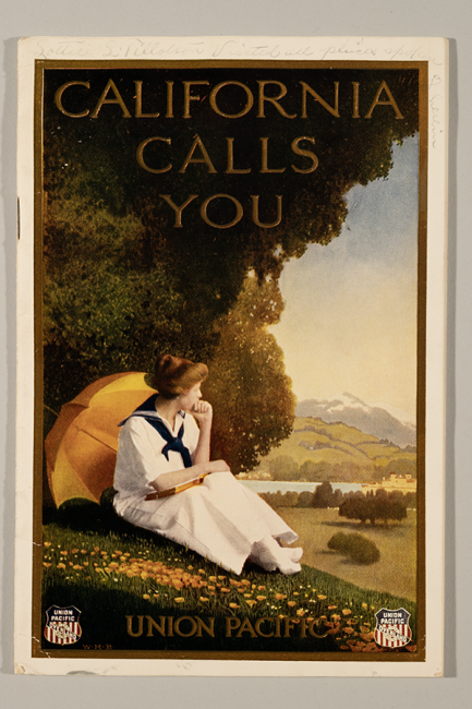 A vintage poster shows a woman in a white sailor dress sitting on grass with a yellow umbrella, gazing at mountains and a lake. Text reads “CALIFORNIA CALLS YOU” and “UNION PACIFIC.”.