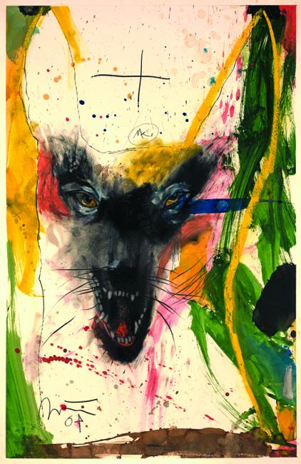 a painting of an abstracted coyote howling