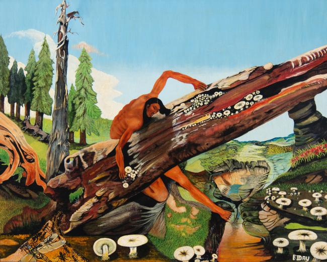 a painting of a man on a fallen log