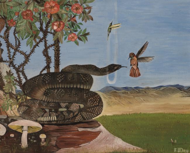 a painting of a snake and two birds