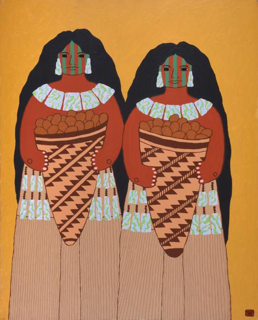painting of two women holding baskets filled with acorns