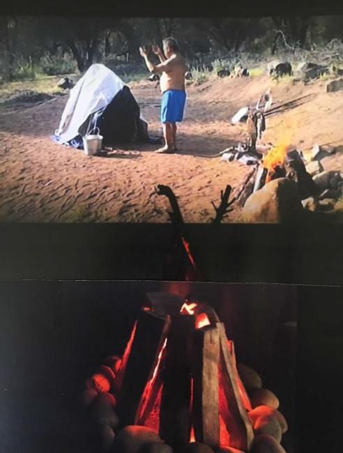 stills from of a video of a shirtless man entering a sweat lodge