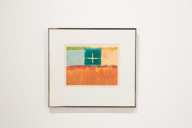 an abstract painting with a thin cross at its center