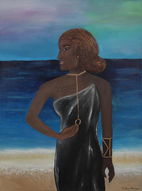 student artwork painting of woman at beach