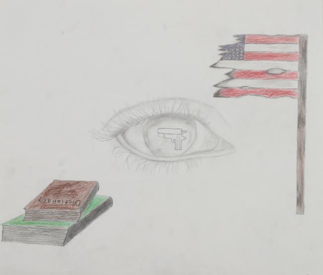 a drawing of an eye with a gun in it's pupil, a tattered american flag, and 2 books