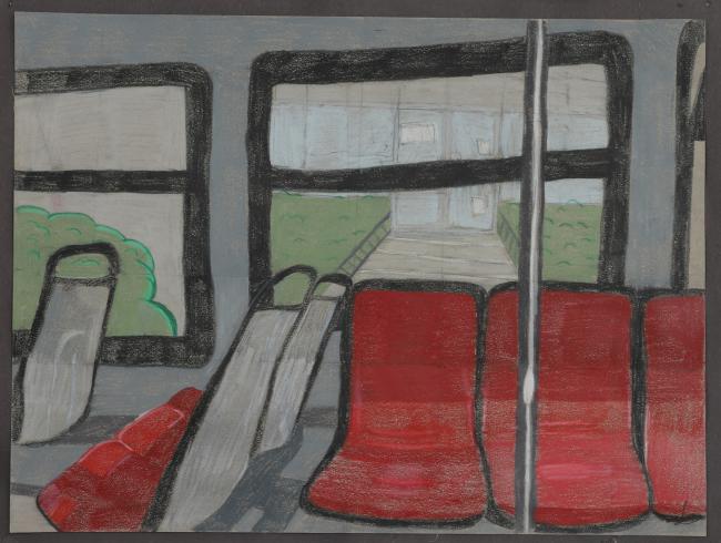 drawing of the interior of a bus