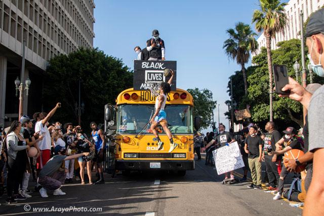 Protesters on school bus