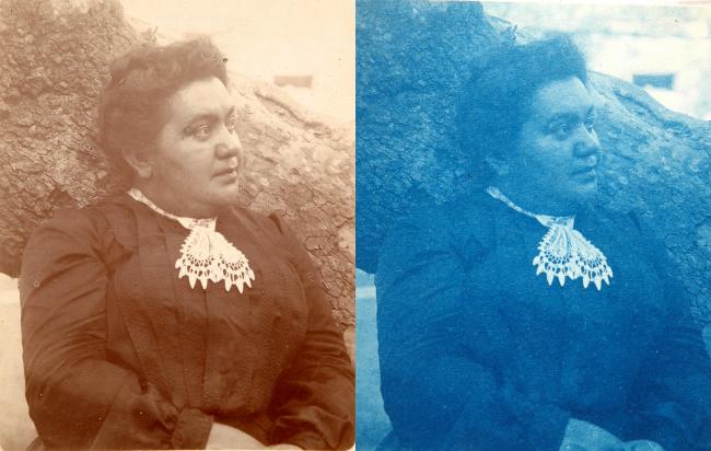 side by side sepia and cyanotype prints of a woman with lace collar