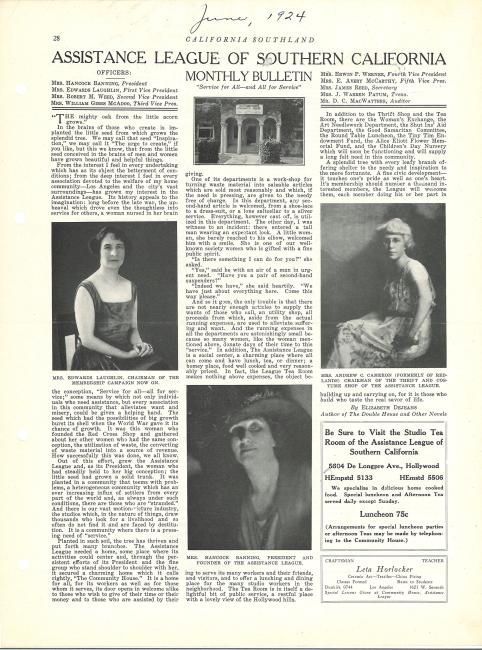 front page of the Assistance League bulletin from June 1924