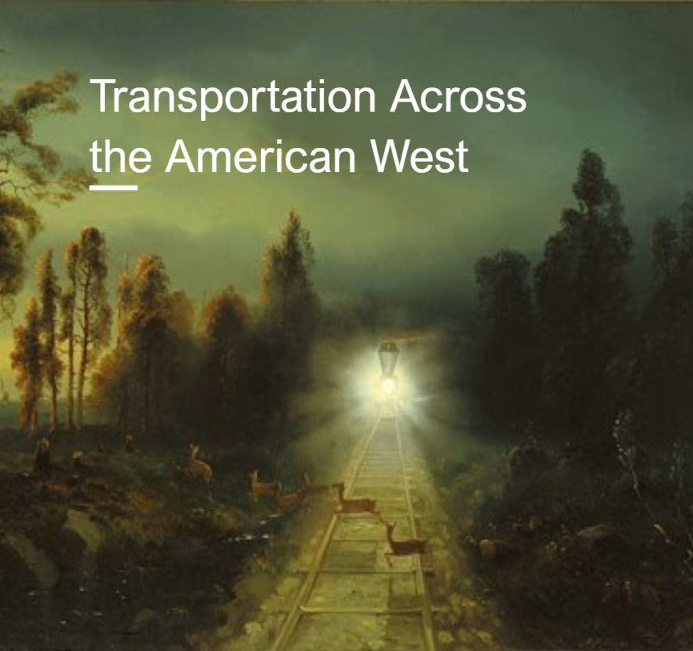 painting of an approaching train, with deer traversing the tracks. trees surround the train on both sides