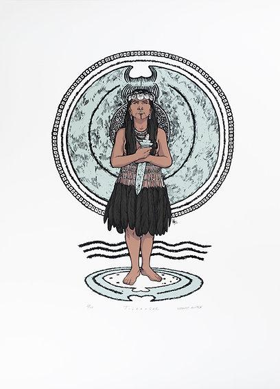 graphic of a native american indiviual with a circular patterned disk on back standing on a similar circular design and water waves behind
