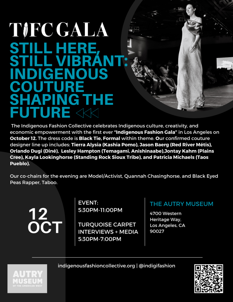 A promotional poster for the TIFFC Gala event happening on October 12, 2023, from 5:30 PM to 11:00 PM at The Autry Museum, Los Angeles. The event focuses on indigenous couture with multiple designers and co-chairs attending. Turquoise carpet interviews and media from 5:30 PM to 7:00 PM.