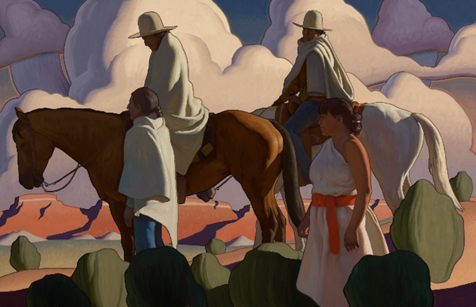 A stylized painting depicts two men on horseback and two people walking beside them in a desert landscape with cacti. They are dressed in cloaks and hats, contrasting with the cloudy sky and warm tones of the scenery.