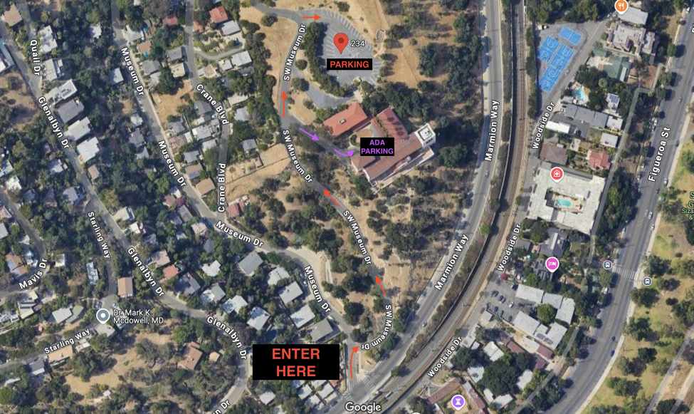 Aerial view showing directions to an ADA parking area and general parking. General parking is marked near a building, accessible by following a route labeled “Parking.” ADA parking is closer to the entrance of the building, with a path marked by a dashed red line. An "ENTER HERE" point is highlighted in the bottom left corner. Various streets and residential areas are visible surrounding the routes.