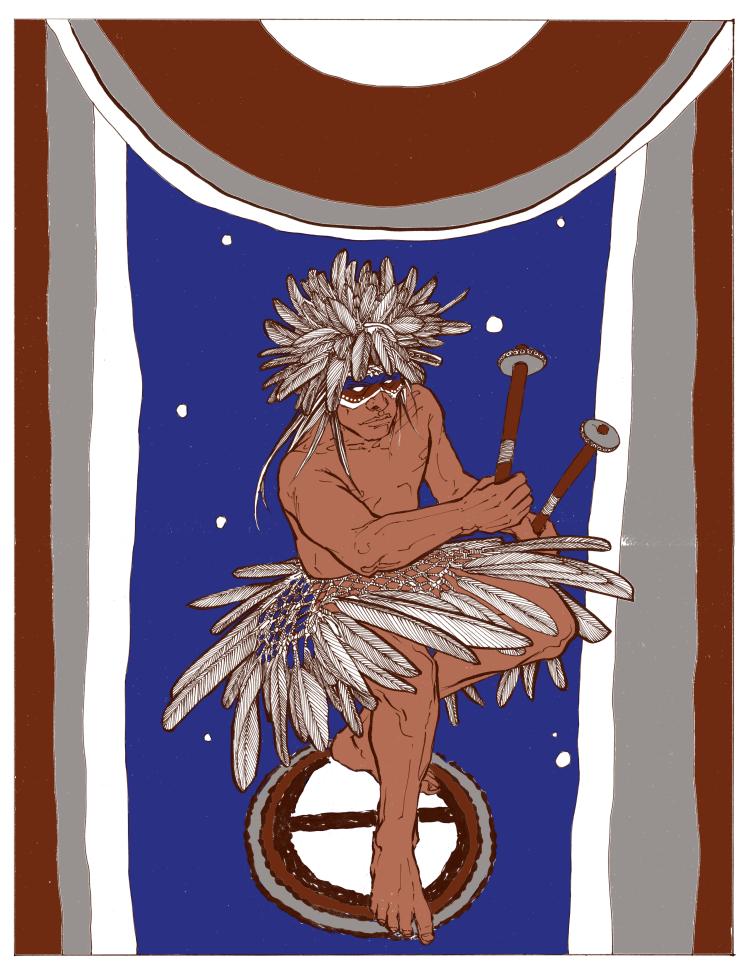 An illustration of a person wearing a feathered skirt and headdress, kneeling on a circular platform, holding two decorated sticks, set against a blue background with white spots and brown, gray, and white borders.